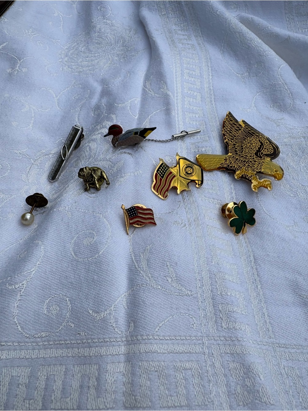 Gold Eagle and Enamel Flag & Clover Lapel Pins and tie tacks